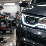 Farol LED automotivo moderno aceso em carro dentro de oficina mecânica, destacando eficiência operacional e uso de peças confiáveis na iluminação veicular