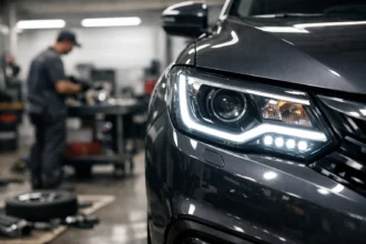 Farol LED automotivo moderno aceso em carro dentro de oficina mecânica, destacando eficiência operacional e uso de peças confiáveis na iluminação veicular