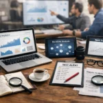 Ferramentas de SEO em ambiente profissional com dashboards de análise, backlink, auditoria e monitoramento de ranking em múltiplas telas